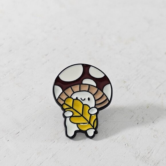 Mushroom Character Enamel Pin Holding Leaf Quirky Fantasy Woodland Creature - Picture 7 of 8